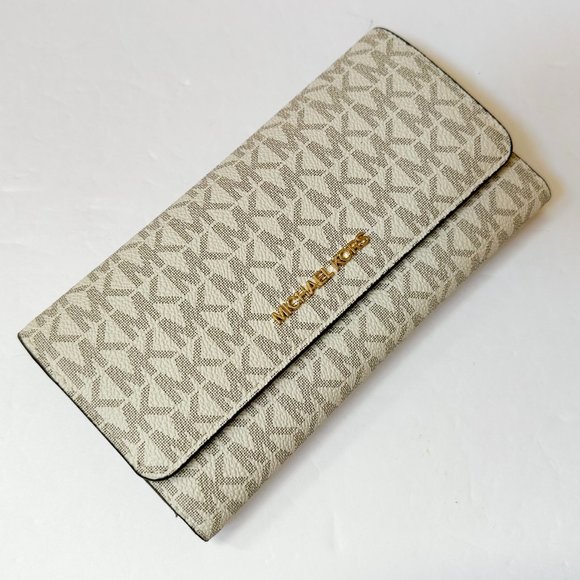 Michael Kors Jet Set Travel Large Trifold Wallet MK Signature Vanilla Brown - Picture 3 of 10